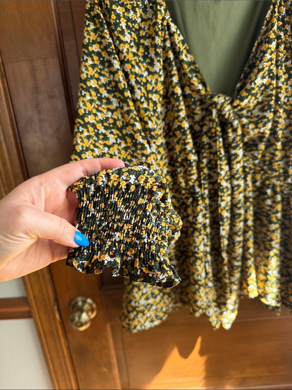 FLORAL LONG SLEEVE TIE FRONT BLOUSE - Picture 2 of 5